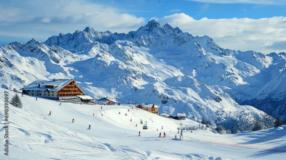 A panoramic view of a snowy ski resort with skiers and picturesque mountains