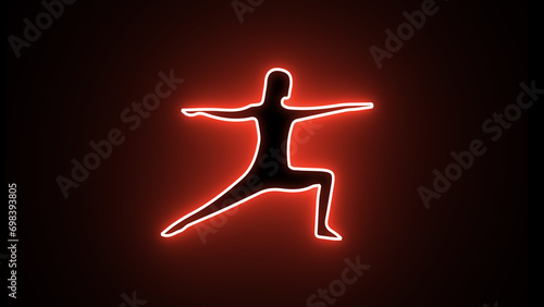 Neon yoga icon. Neon glowing sign of yoga exercises. Neon glowing sign of yoga exercices club with black background. Street lights signboard of chinese gymnastics. photo