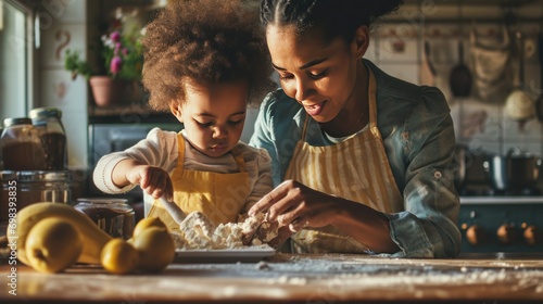 A mother and child baking together in a kitchen, family bonding moment photo