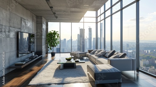 A modern, minimalist living room with large windows and a stunning cityscape view © Bijac