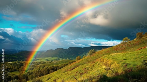 A vibrant rainbow over a serene landscape, symbolizing hope and diversity.