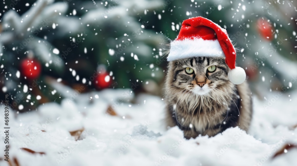 Funny cat wearing a red Santa hat in a snowy scene, Christmas theme Funny cat wearing a red Santa hat in a snowy scene, Christmas theme