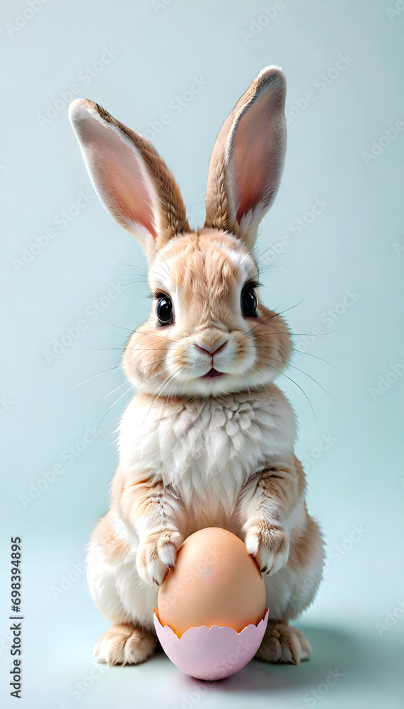 Obraz premium Cute rabbit holding eggs in pastel colors. Easter egg concept greeting card
