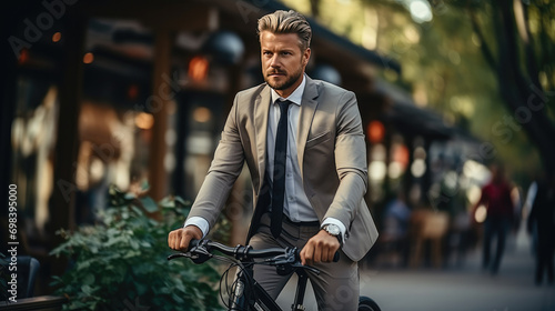Stylish businessman going to work by bike, eco friendly concept