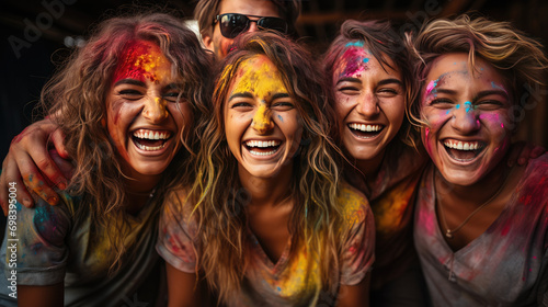 group of people at the party with colorful powder on their face
