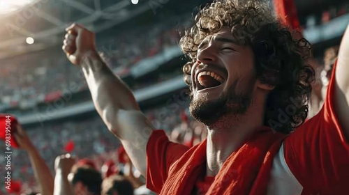 The world of soccer celebrating in a stadium with cheering young brunette man with curly hair and beard.