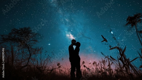 Silhouette of a couple kissing under a starry night sky.