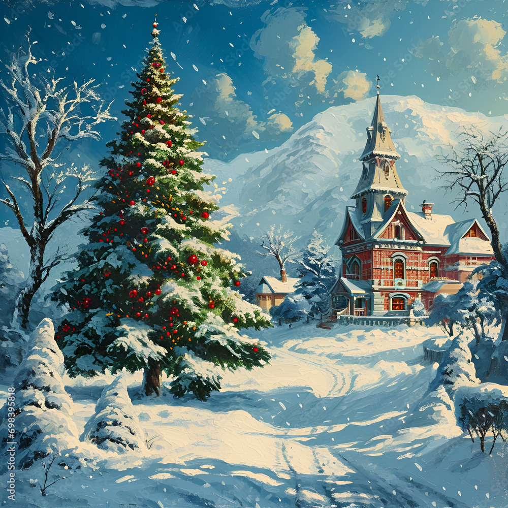 landscape with church,winter,snow,church,christmas,house,landscape,bulding,architecture,tree,cold,sky,vintage,Ai generated 