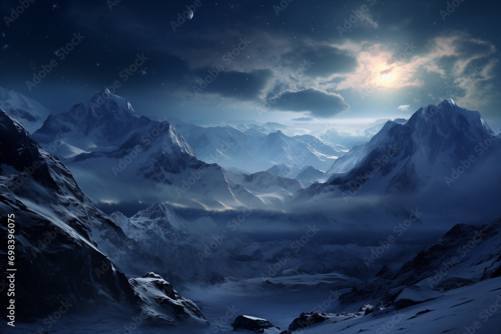 Lunar Majesty: Full Moon Rising Over Wintry Mountain Landscape, Generative AI illustration