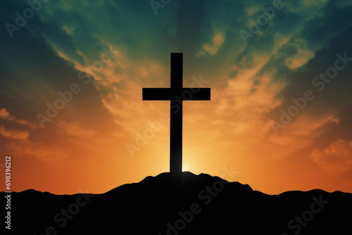 silhouette of Christian cross on mountain background