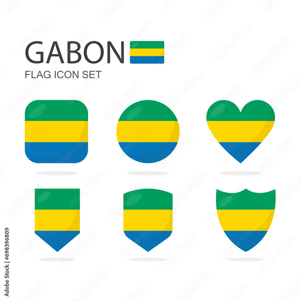 Gabon 3d flag icons of 6 shapes all isolated on white background. Gabon 3d flag icons of 6 shapes all isolated on white background.