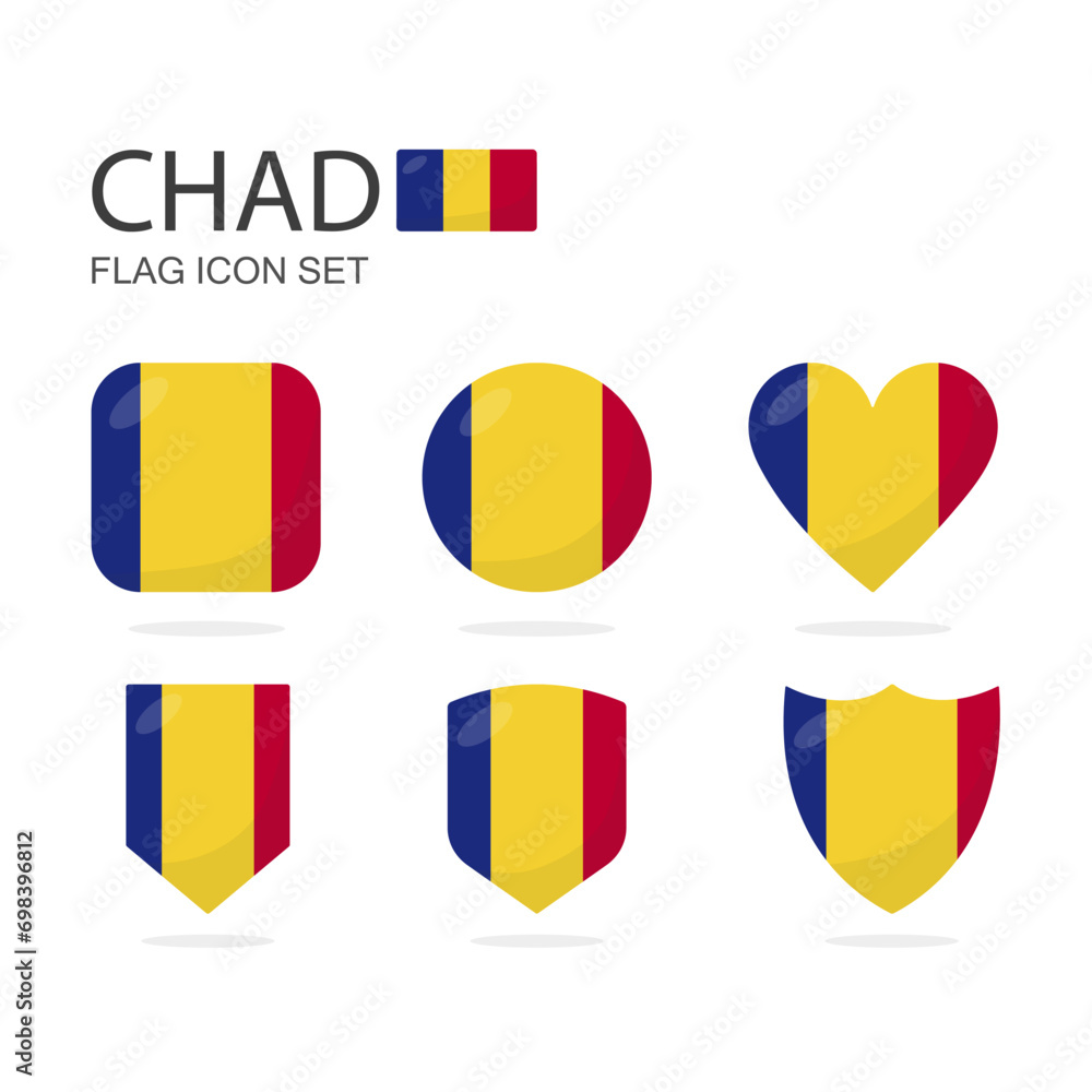 Fototapeta premium Chad 3d flag icons of 6 shapes all isolated on white background.