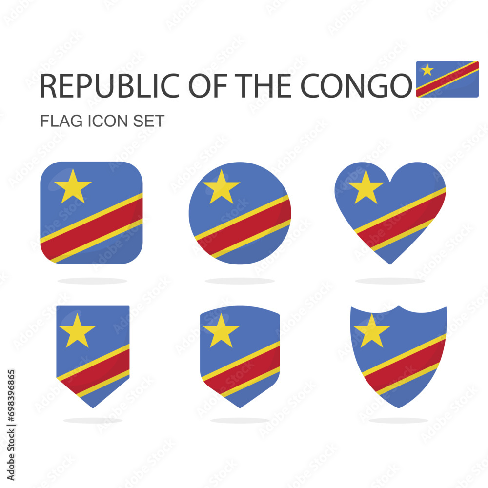 Republic of the Congo 3d flag icons of 6 shapes all isolated on white background.