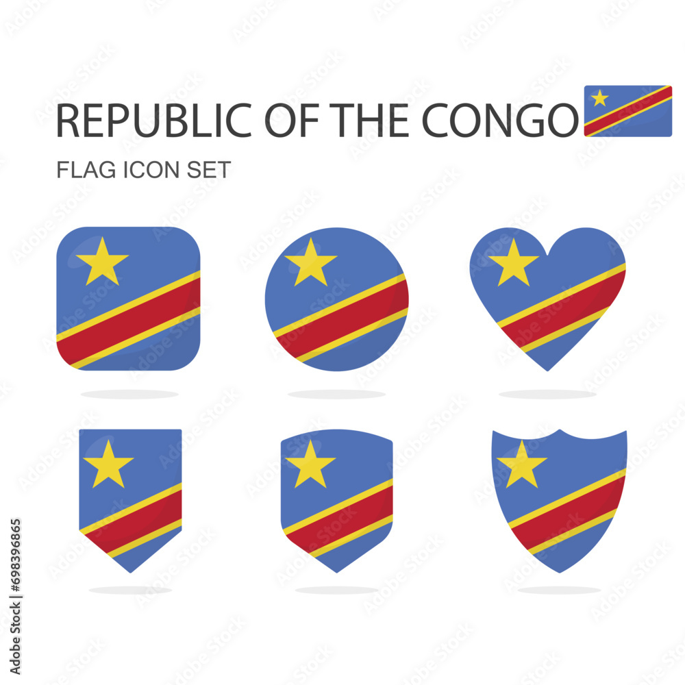 Republic of the Congo 3d flag icons of 6 shapes all isolated on white background. Republic of the Congo 3d flag icons of 6 shapes all isolated on white background.