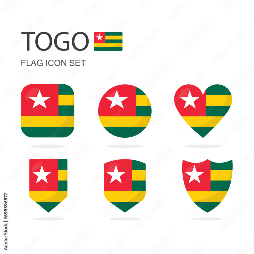 Togo 3d flag icons of 6 shapes all isolated on white background. Togo 3d flag icons of 6 shapes all isolated on white background.