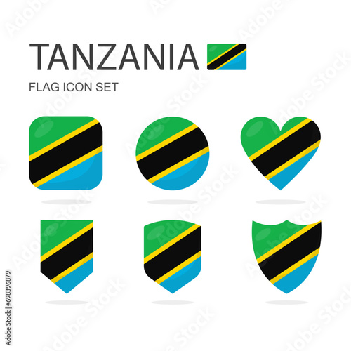 Tanzania 3d flag icons of 6 shapes all isolated on white background.