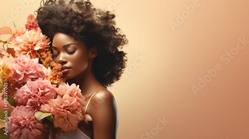 Portrait of a beautiful calm African American young woman with closed eyes hugging a bouquet of flowers on a beige background, copy space banner