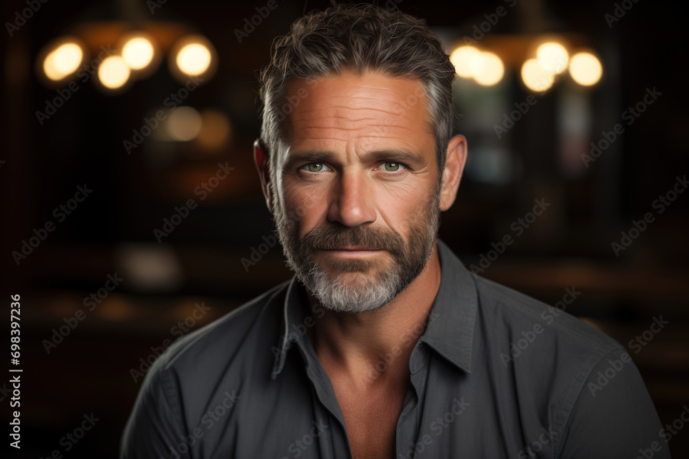 Confident handsome middle-aged Caucasian man indoors in the evening and looking at the camera Confident handsome middle-aged Caucasian man indoors in the evening and looking at the camera