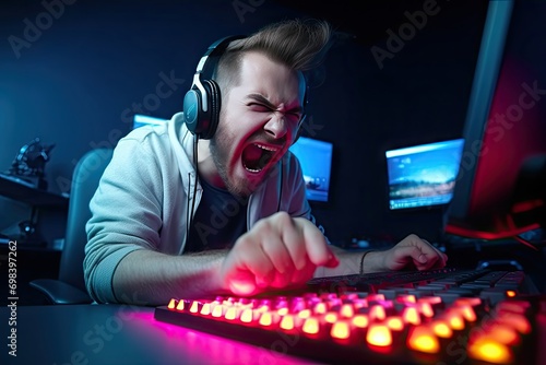Streamer Angry computer gamer man yells breaks keyboard being defeated online video game photo