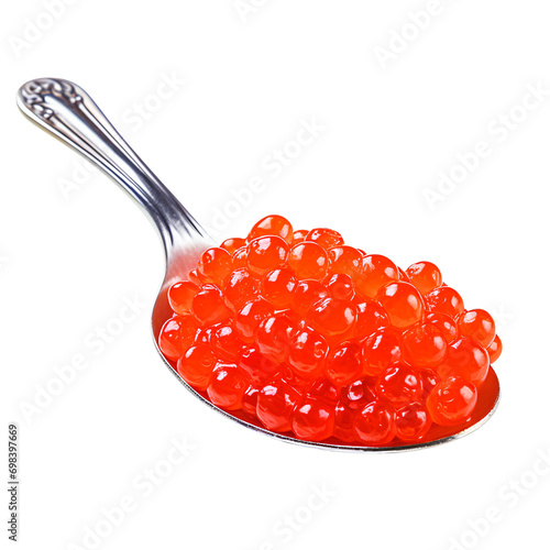 Red fresh grainy salmon caviar in metal spoon, isolated on transparent background, PNG, 300 DPI