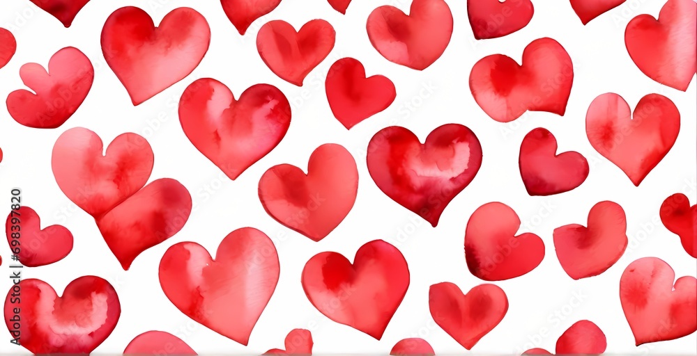 Generative ai Seamless Background of painted Hearts in red Watercolors. Romantic Wallpaper
