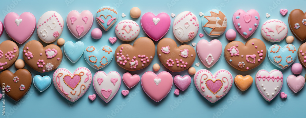 Banner with homemade colorful heart shaped cookies with easter pattern