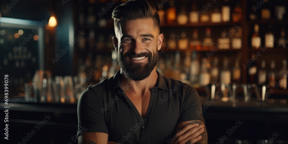 Obraz premium a male bartender posing in a bar, generative AI