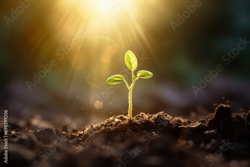 Close-up tender first sprouts of soybean in the open field over sunrise. Agricultural plants. The soybean plant stretches towards sun. plant tree in neutral background Close-Up Of Fresh Green Plant photo