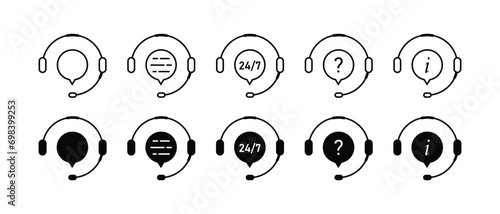 Client Support Service on White Background. Headset with Question Mark, Ellipsis. Hotline Concept Silhouette and Line Icons. Around Clock Telephone and Online Help Pictogram. Vector Illustration.