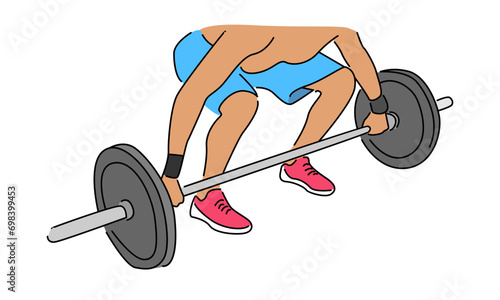 line art color illustration of weightlifter man preparing for barbell workout in gym