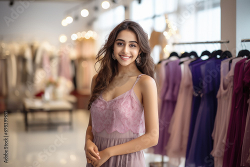 Young indian girl shopping and standing at cloth store
