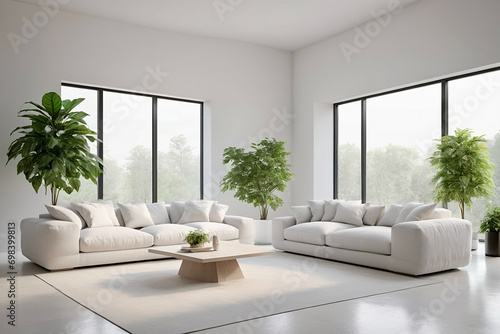 Modern white living room with large windows and two sofas