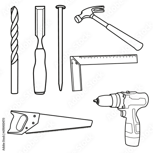 Carpentry tools. Outline vector illustration