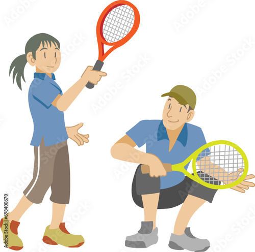 テニスを練習する子供とアドバイスをする父親