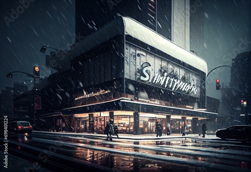 Shibuya the shopping center with Snowing, 2D Anime background, Illustration. Generative AI photo