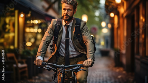 Businessman going to work by bike, eco friendly concept