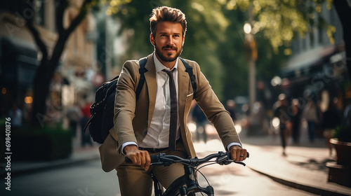 Photographie Businessman going to work by bike, eco friendly concept