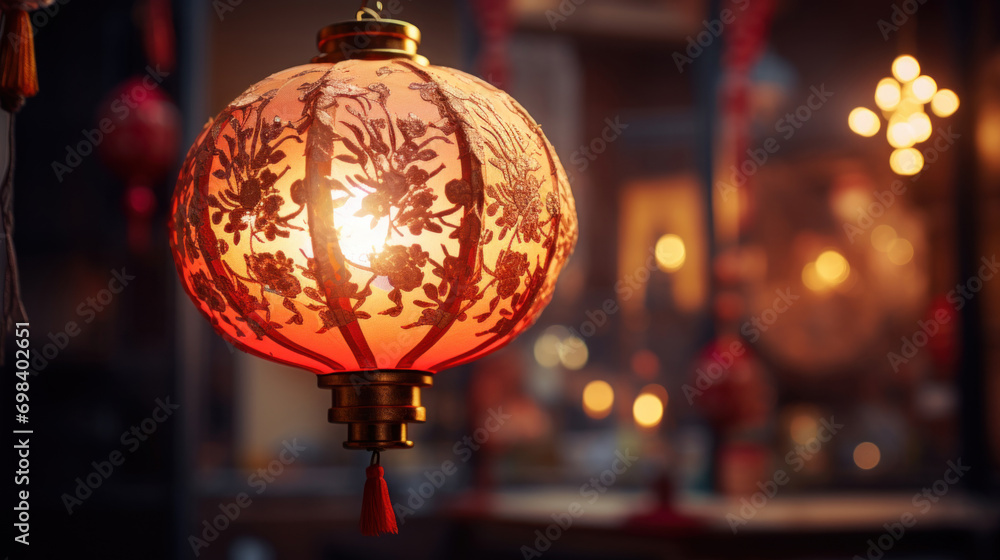 A traditional red Chinese lantern emits a warm glow, adorned with intricate golden patterns, symbolizing good fortune. A traditional red Chinese lantern emits a warm glow, adorned with intricate golden patterns, symbolizing good fortune.