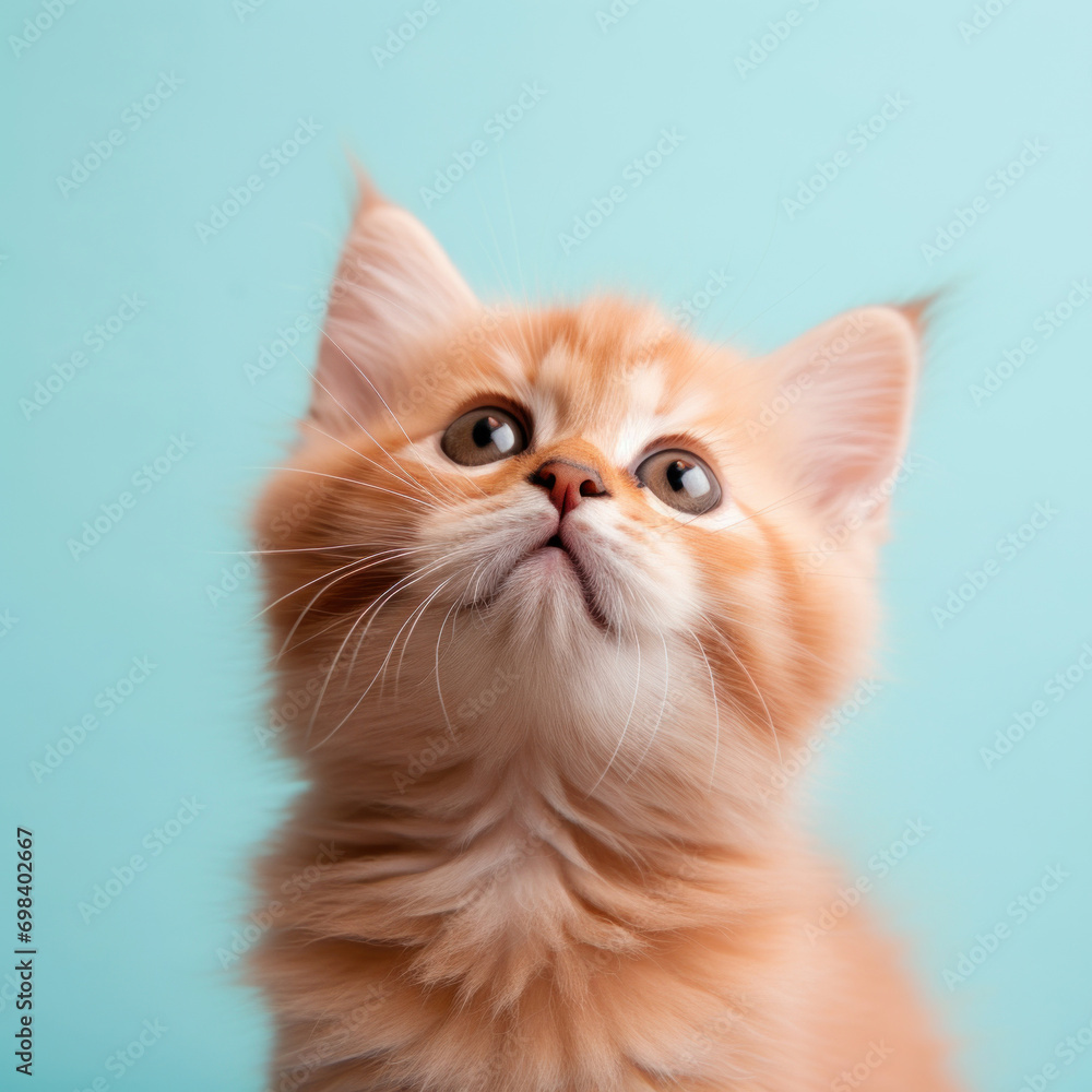 An adorable ginger kitten looks upward with big, expressive eyes against a soft blue background, radiating innocence and curiosity.