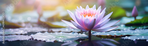 A radiant water lily opens its petals on a tranquil pond  with water droplets reflecting the serene environment.