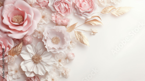 An artistic arrangement of elegant pink paper flowers and gold leaves on a white background, perfect for celebrations.