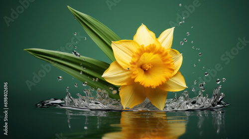 A vibrant yellow daffodil with a reflection, creating dynamic water splashes on a tranquil green background.