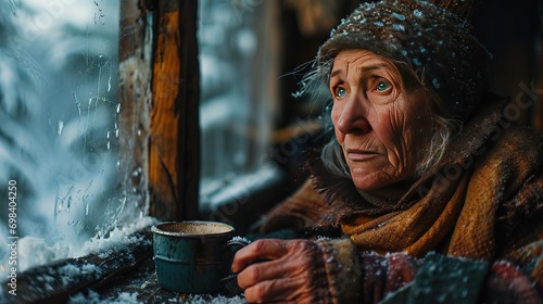 Lonely poor and forgotten old granny with up of tea in a frozen apartment near window. Expensive electricity