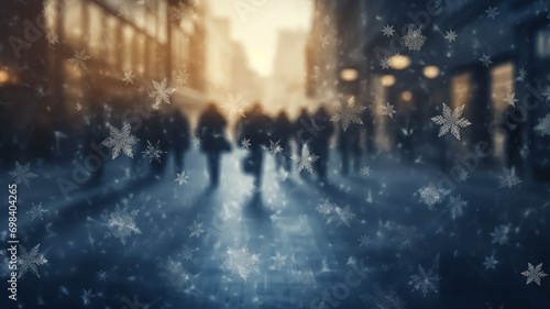 winter blurred background, snowflakes, people crowd, pedestrian street in snowfall, abstract Christmas backdrop