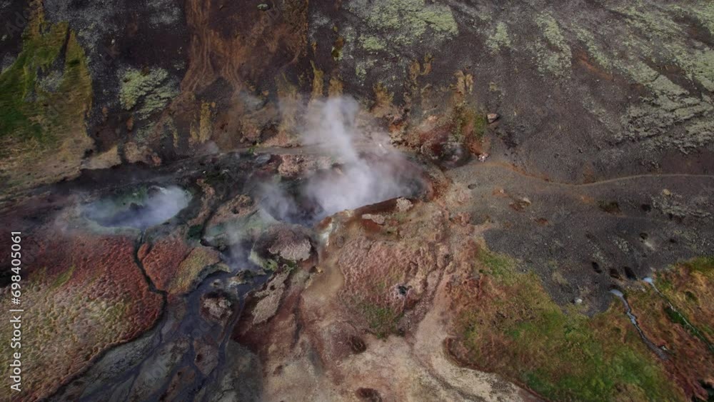 Cloudy Steams In Geothermal Area Near Reykjadalur In South Iceland, aerial orbit Cloudy Steams In Geothermal Area Near Reykjadalur In South Iceland, aerial orbit