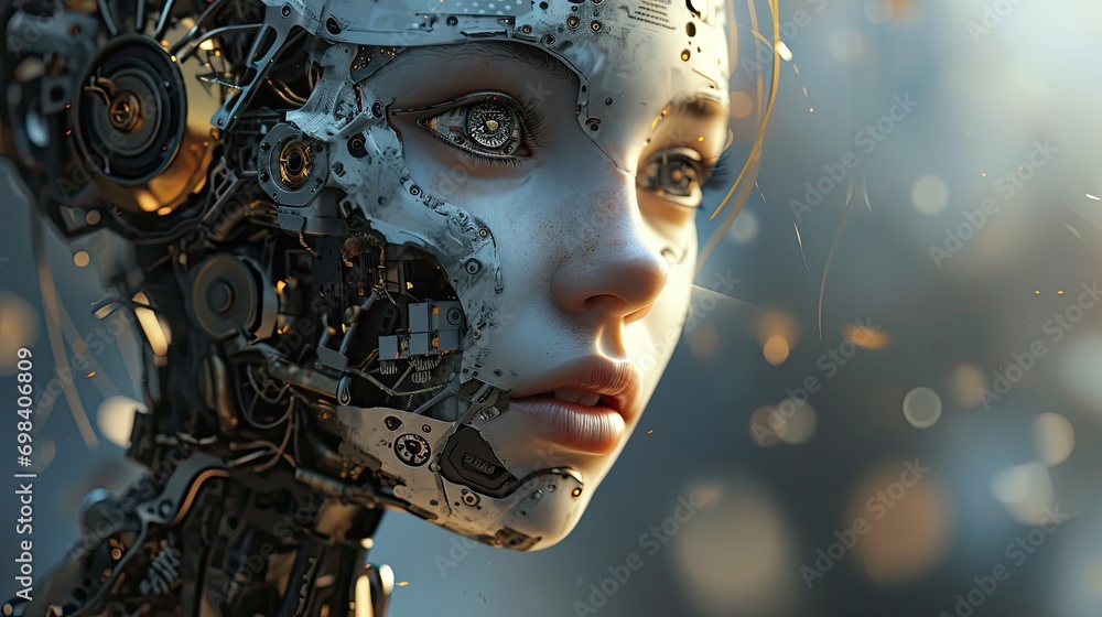 Female robot face, Artificial intelligence concept. 