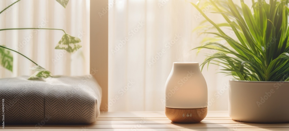 Aromatherapy essential oil diffuser on wooden table with plants. Home interior and wellness. Aromatherapy essential oil diffuser on wooden table with plants. Home interior and wellness.