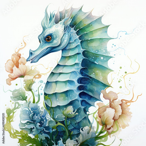 Watercolor Seahorse Illustration, Generative Ai photo