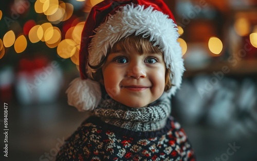 happy smiling girl with Santa hat in Christmas background