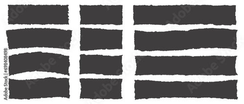 Paper rectangle with rough edge. Torn shapes with jagged border. Grunge strip background. Vector silhouettes set.